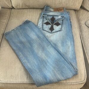 Affliction Blue Jeans with Black Cross Accent W36 Inseam 34